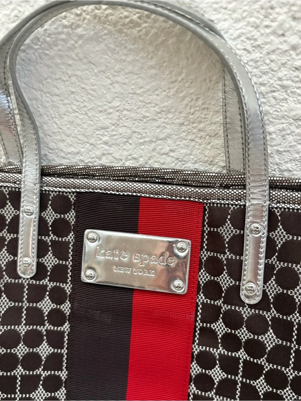 Brand New kate spade Brown Canvas Tote with Red Center Stripe